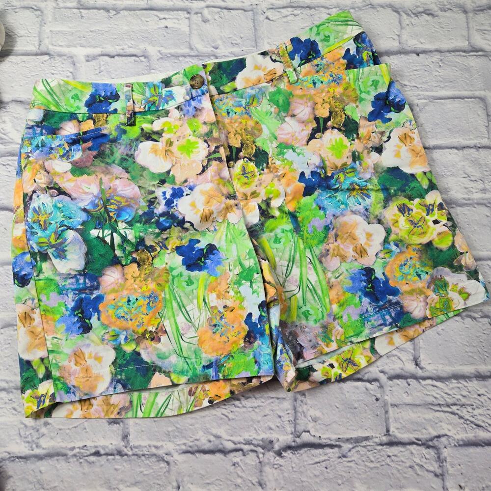 Lands End Womens Floral Twill Shorts Mid Rise Green Blue Coral Tan Stretch sz 14